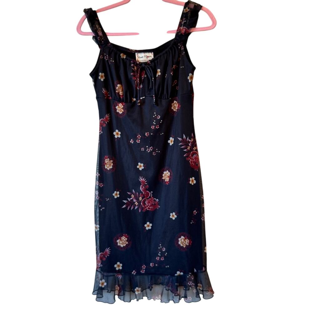 Vintage 90s Blue Red Dragon Floral Print Ruffled Mini Dress Womens M Y2K Baddie